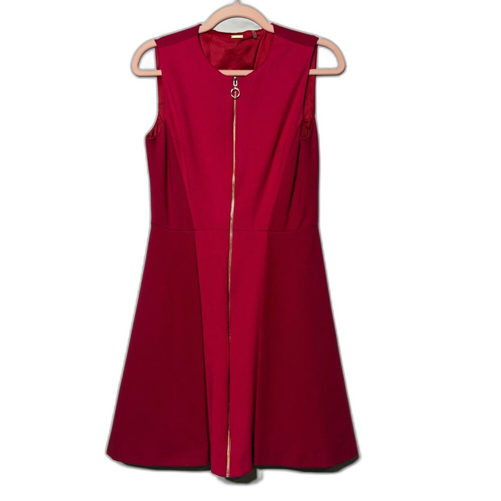 Elie Tahari Dress Womens 4 Red Pink Sheath Gold Zip Sleeveless Cocktail